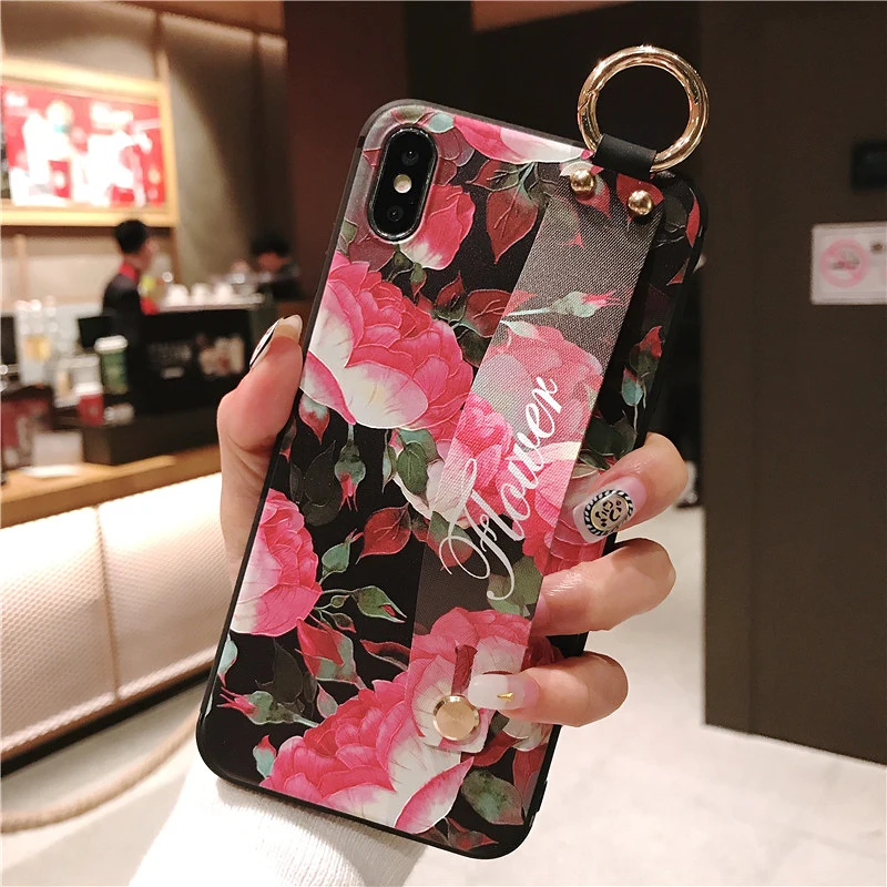 3D Рельефный цветочный чехол для iPhone 7 8 6 6s plus X Xs max XR металлическое кольцо ремешок