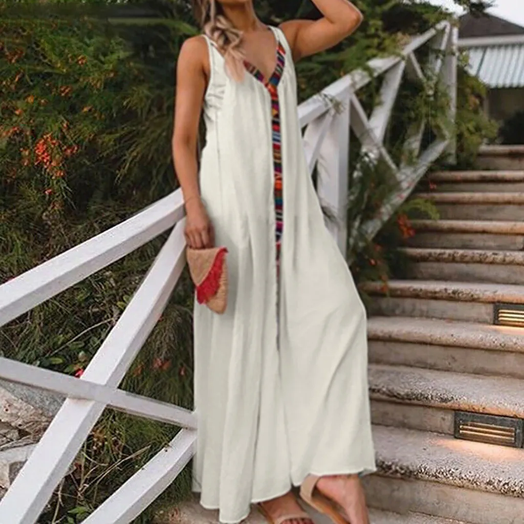 

Women Dress 2019 Summer Fashion Women V-Neck Sleeveless Beach Solid Casual Cotton Caims Maix Dress Beach Dress @20
