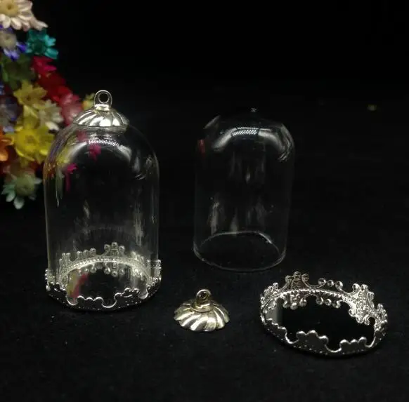 300sets/lot 30*20mm wholesale mix color tube bell jars glass vial pendant with flower tray metal cap diy bottle cover dome | Украшения и