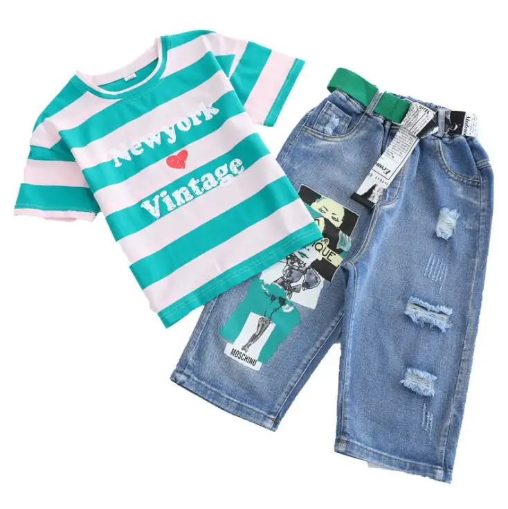 Летняя Одежда для девочек комплект детской одежды маленьких хлопковая футболка