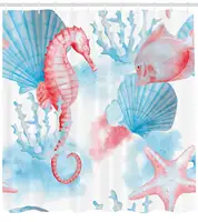 Sea Shells Seahorse and Fish Sandy Beach Exotic Stylized Watercolor Effect Print Shower Curtain Coral Blue White