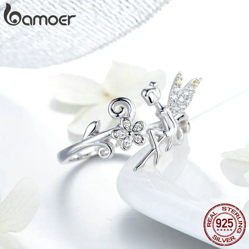 Серебряное кольцо BAMOER GAR025 волшебные крылья цветы растения регулируемые кольца