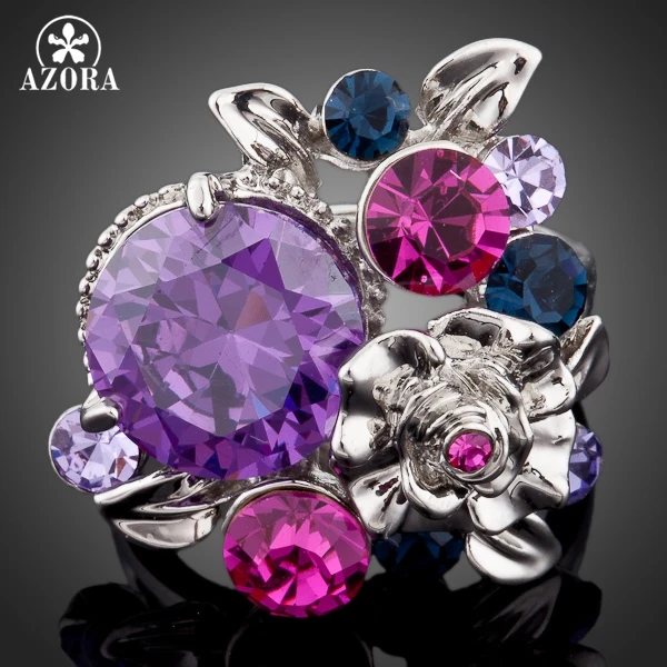 AZORA Unique Design White Gold Color Multicolor Stellux Austrian Crystal Flower Ring TR0048 | Украшения и аксессуары