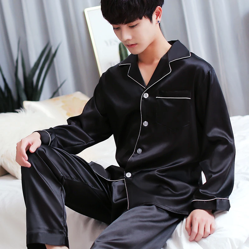 2019 Men Pajama Sets Long Sleeve Autumn Silk Sleepwear For Suit Pijama Man Summer Two-Piece Pyjama | Мужская одежда