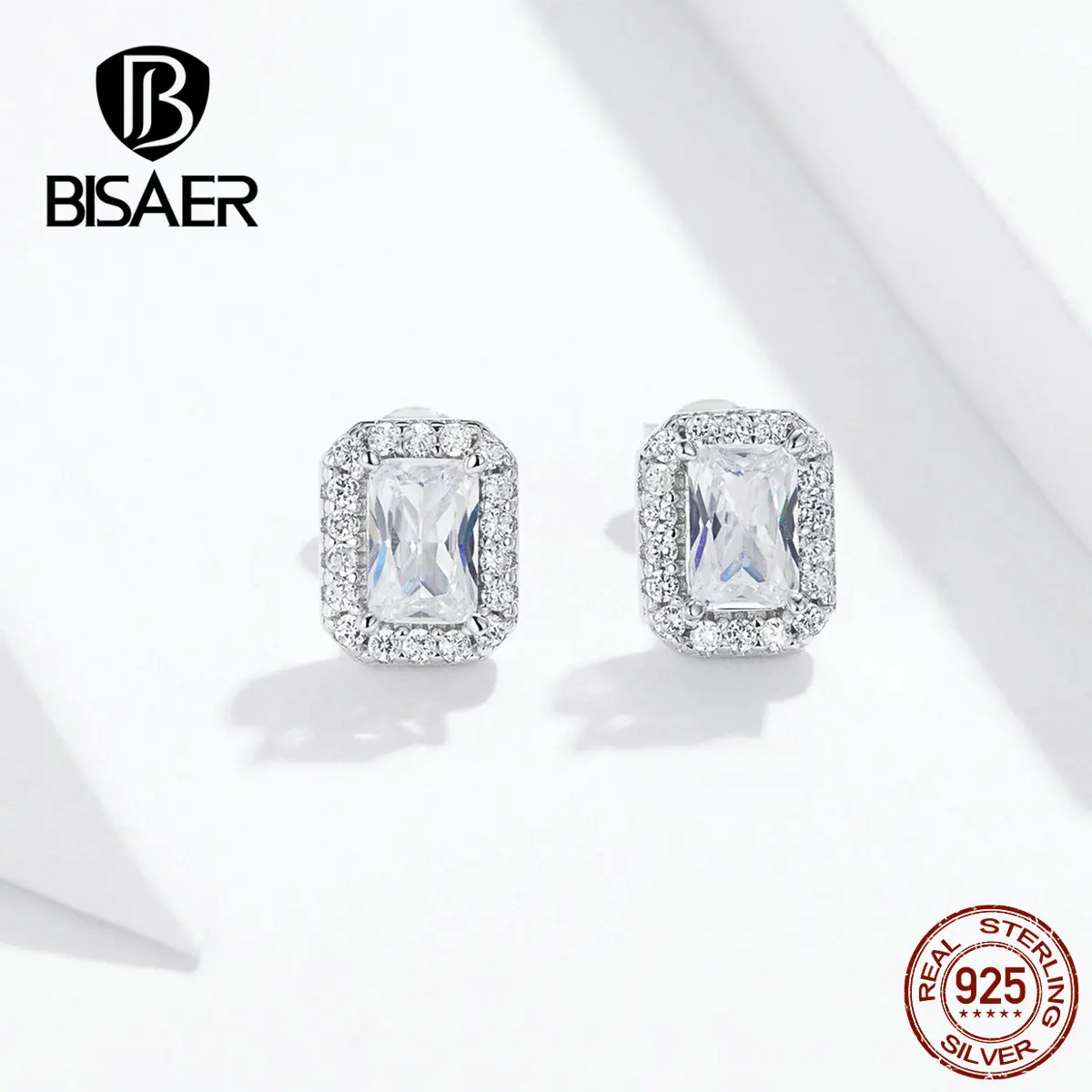 Bisaer классика квадратные серьги 925 пробы серебро световой кубический циркон квадратные серьги для Для женщин Роскошные ювелирные изделия EFE195