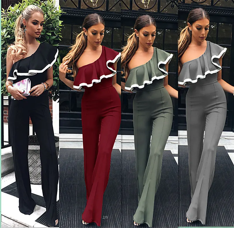 Бесплатная доставка одно плечо оборками Для женщин мода комбинезон дамы тонкий