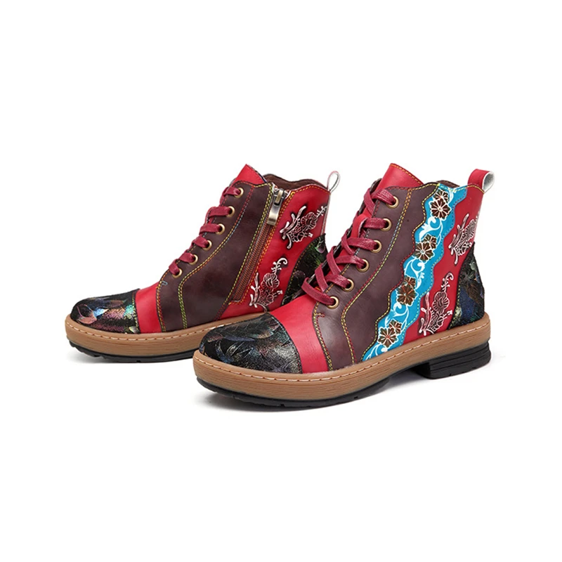 Buono Scarpe Для женщин ботильоны на шнуровке с боковой молнией в стиле пэчворк в этническом стиле полусапожки обувь ручной работы в богемном стиле Стиль обувь Mujer