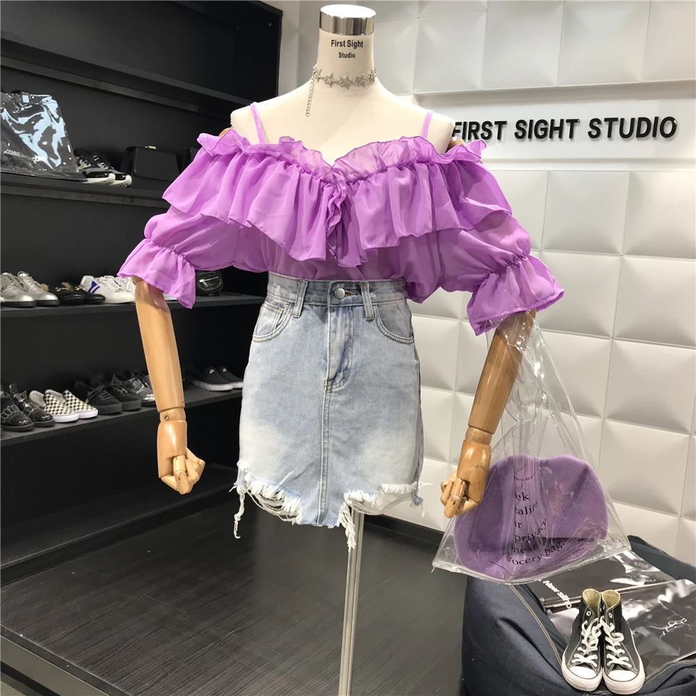 Женская шифоновая блузка ALPHALMODA с оборками и открытыми плечами рукавом до локтя