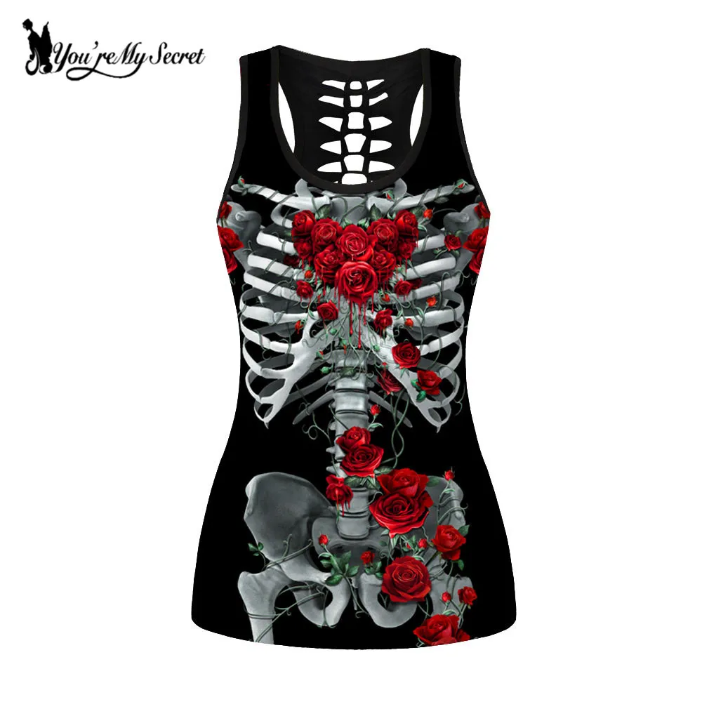 

[You're My Secret] Gothic Floral Skeleton Tank Tops Women Red Rose Printed T-shirt Sleeveless Hollow Out Vest Shirts