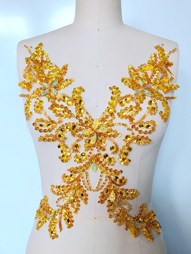 

38*21cm handmade crystal patches trim sew on golden rhinestones applique for dress accessories