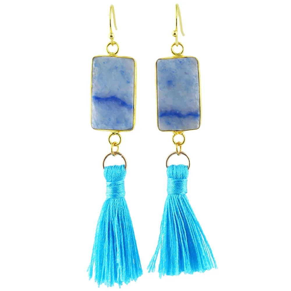 

TUMBEELLUWA Blue Aventurine Oblong Gem Stone Tassel Dangle Earrings for Women