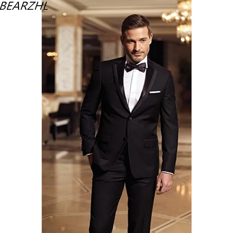 

Свадебные мужские костюмы, черный смокинг для жениха, блестящий воротник для 2021 портных с двумя пуговицами