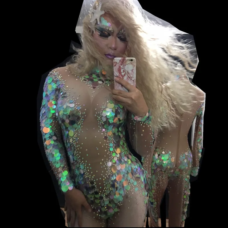 

Sequin Women Stretch Skinny Nightclub Style Jumpsuits Rhinestones Dancer Performance Rompers Slim Pole Dancing Women Catsuits