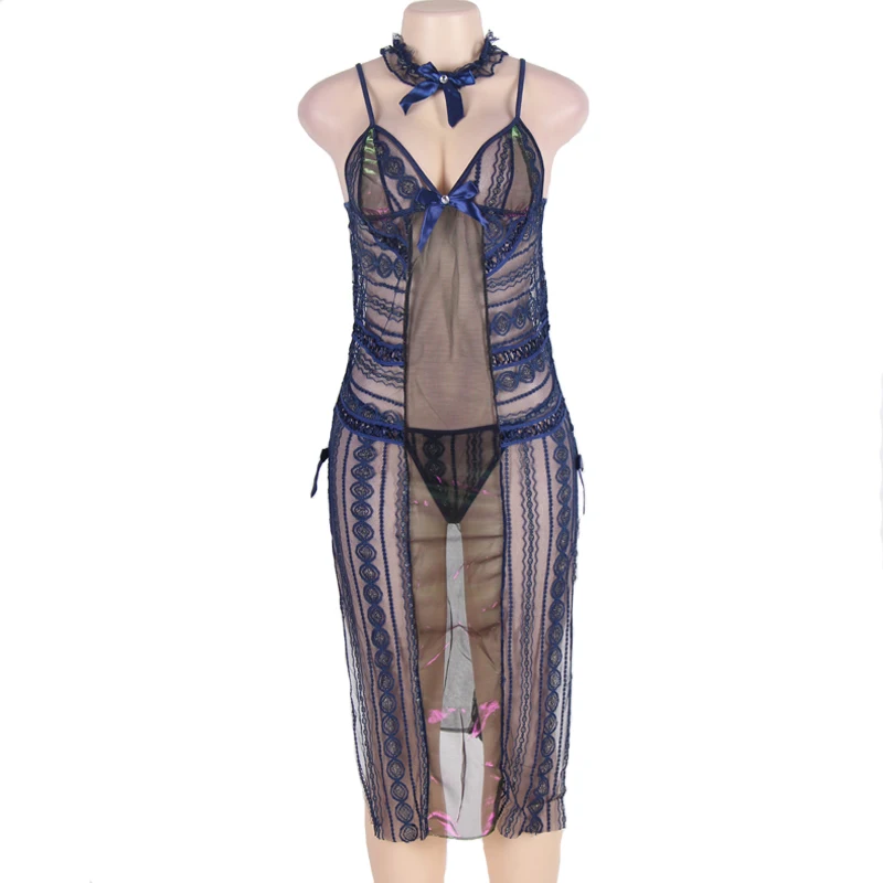 Синее прозрачное длинное вечернее платье Babydoll сексуальное женское белье Большие