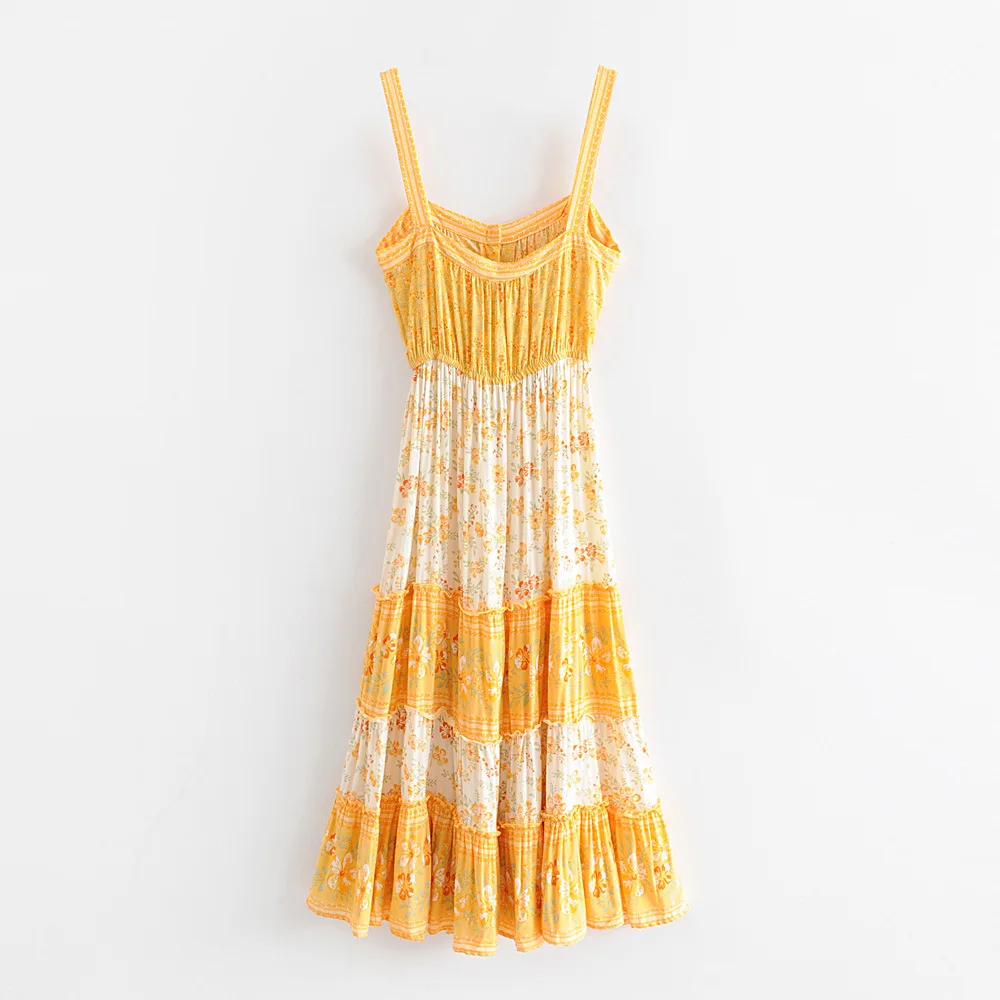 Bohemian Strap Slip Dress Yellow Floral Print Women Sleeveless Midi Boho Hippie Chic Beach Party Wear Dresses Summer | Женская одежда