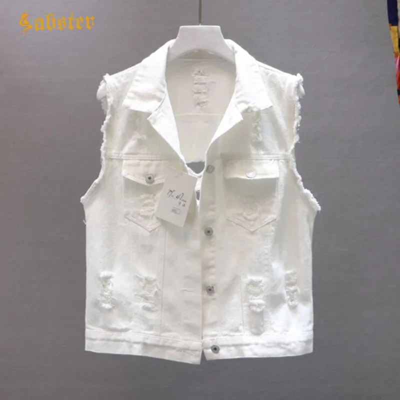 

2018 Autumn Women White Jacket Fashion Casual Denim Vest Basic Holes Button Jeans Vest Tops Clothing XZ472