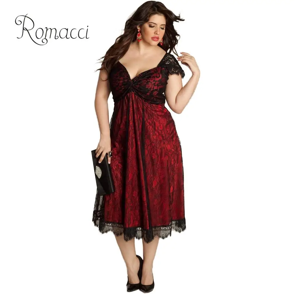 Romacci женское платье 3XL 4XL 5XL размера плюс, милое кружевное платье с v-образным вырезом и рукавом-крылышком, элегантные сексуальные Клубные вечерние платья до середины икры
