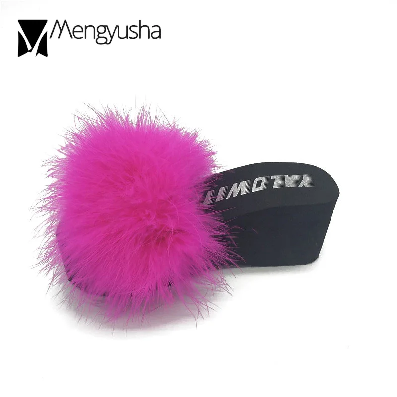 Шлепанцы женские на платформе босоножки с страусиным мехом танкетка пушистые