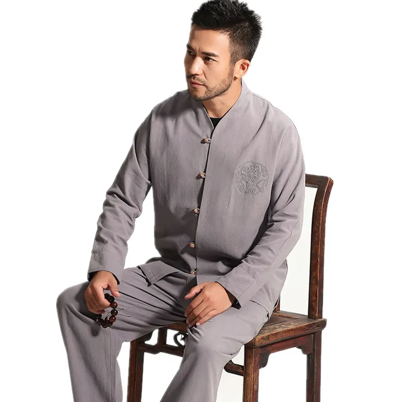 High Quality Gray Chinese Men's Cotton Kung Fu Suit Solid Color Wu Shu Sets Shirt&Pant Uniform S M L XL XXL XXXL