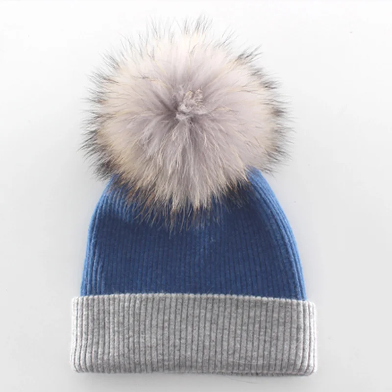 blue grey Толстые кашемировые женские шапки для зимы мужские модные шапки с роскошными помпоны из натурального меха - Цвет: blue grey