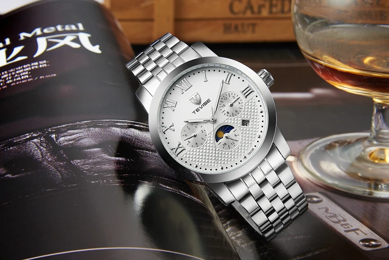 Tevise световой бизнес часы для мужчин Moon Phase авто деловые часы для мальчика подсветка выполните календари Дата Неделя DisplayT803B