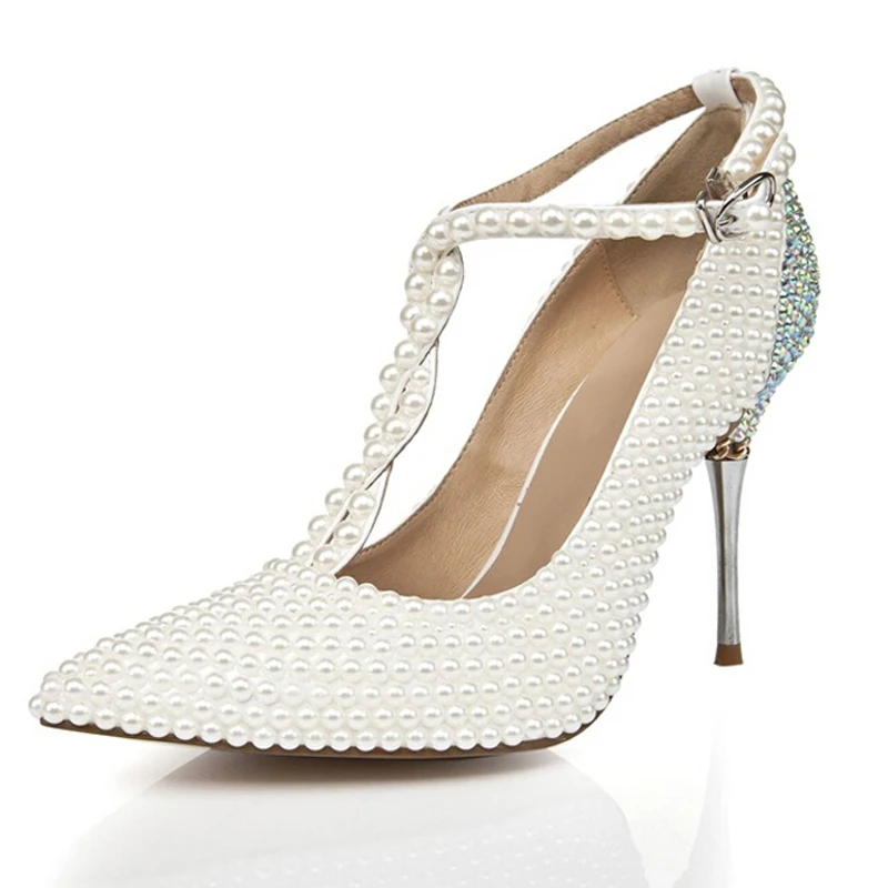 С Т образным ремешком Свадебные туфли цвета слоновой кости с Стразы острым