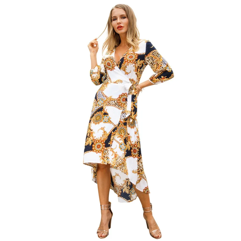 SharVell Women Dress Bohemian Print irregular Hem Casual Beach Dresses Summer V-neck A-Line Bow Tunic Mid-Calf | Женская одежда