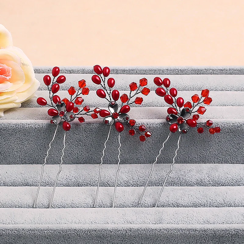 Dower me Red Crystal Hair Vine Wedding Pins Accessories Handmade Floral Bridal Headpiece Women Jewelry Clip | Украшения и