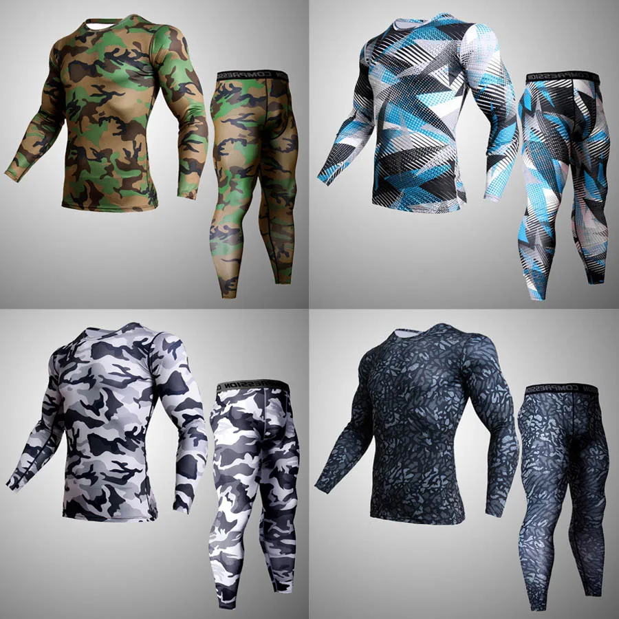 

2018 New camouflage running sets men sport suit compression tight underwear fitness gym jogging football training sport suit