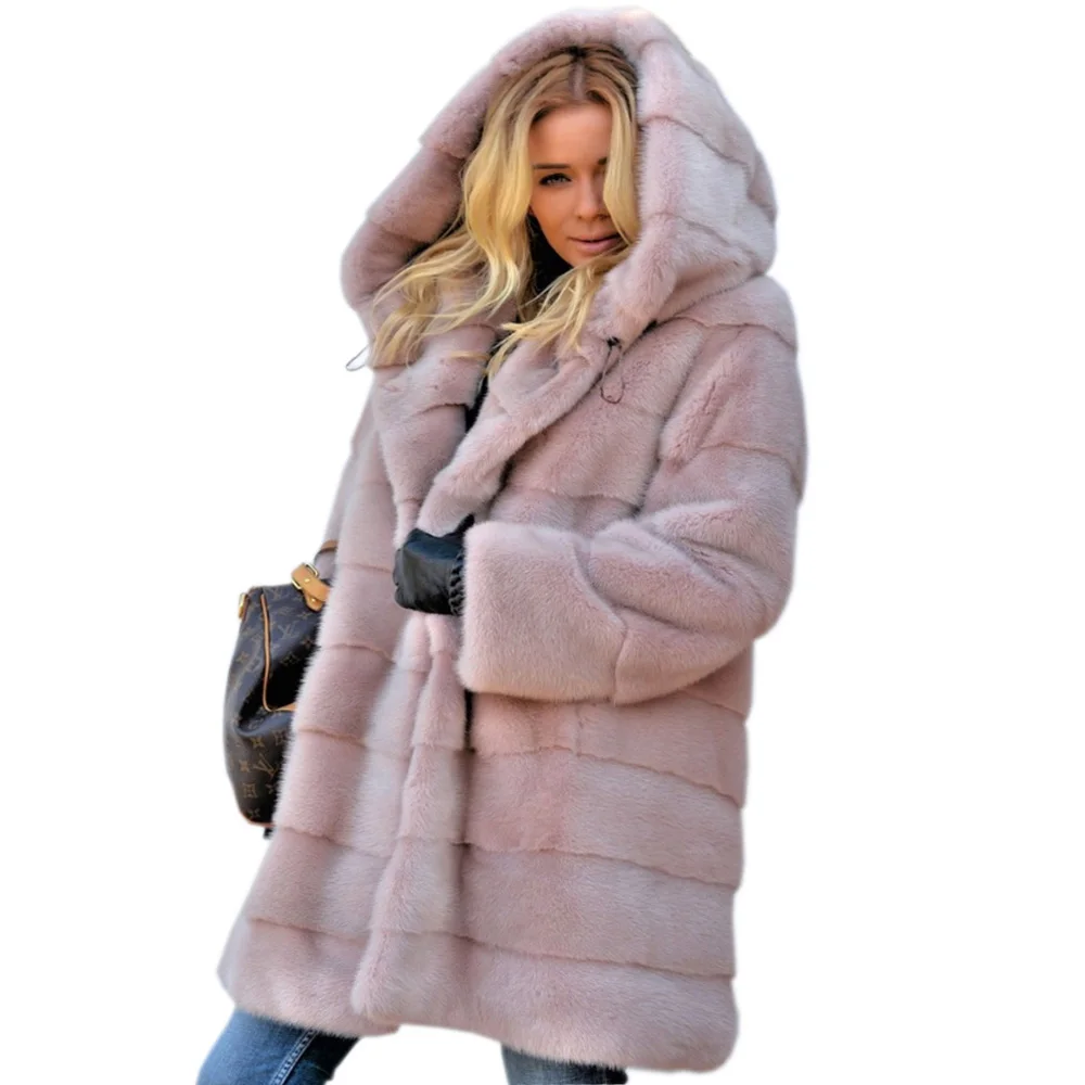 2018 Roiii Новая мода розовый искусственный мех пальто с капюшоном Утепленные зимние