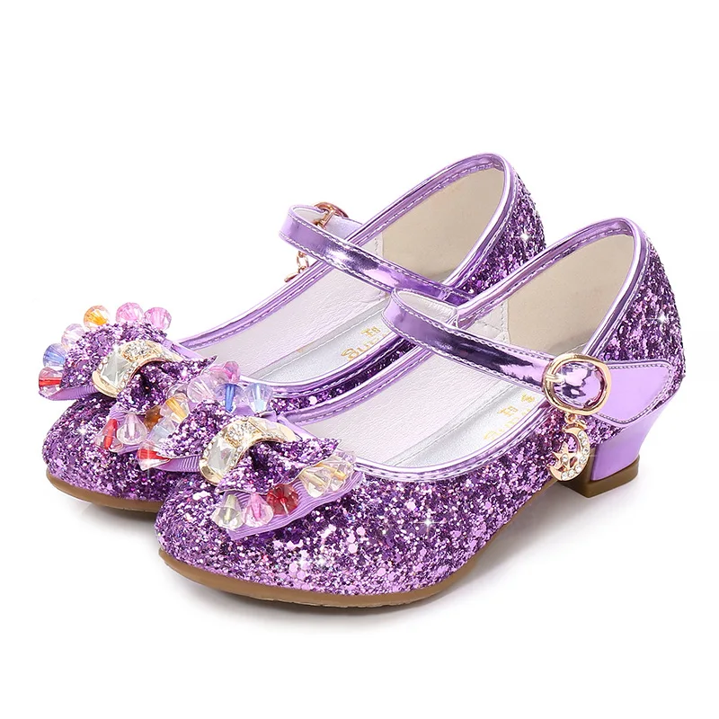 

ULKNN Girls High-heeled Shoes 2020 New Sequins Spring Shoes Small Girls Princess Students Performance Bow Shoes Red, Purple