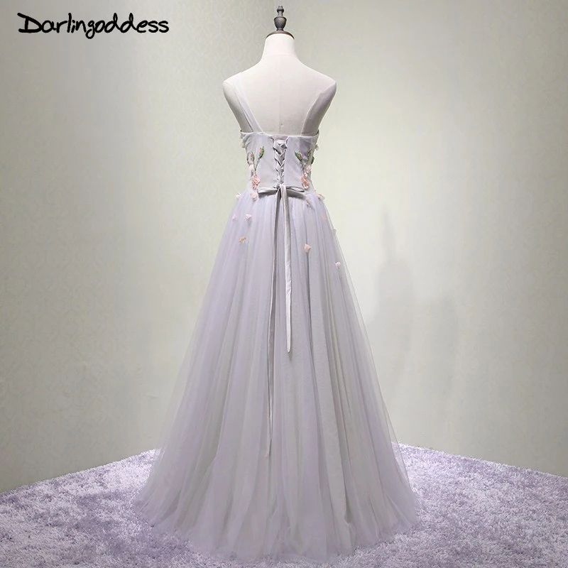 Элегантное серое сексуальное длинное вечернее платье с объемными цветами и