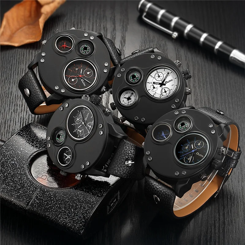

Oulm Unique Men's Watches Two Time Zone Quartz Wristwatch 3D Big Face Casual Male Sport Watch relogio masculino