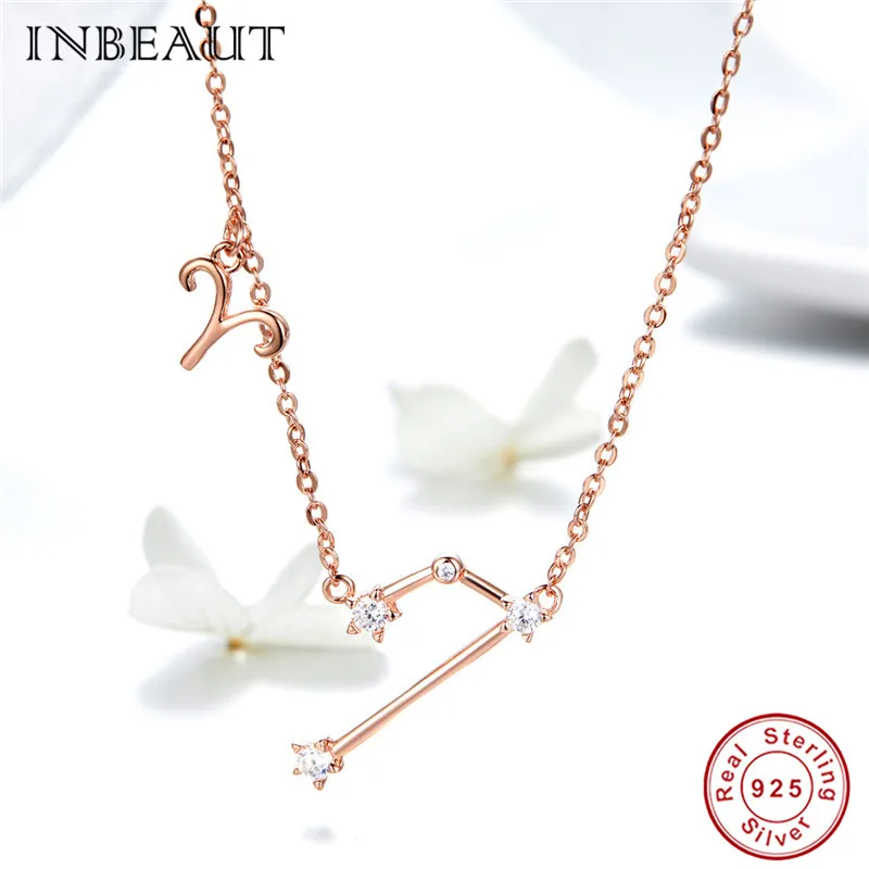 INBEAUT 925 пробы серебро розовое золото 12 созвездий весы Aries Циркон Стрелец с подвеской со знаком Рыб ожерелья для женщин - Окраска металла: snn023