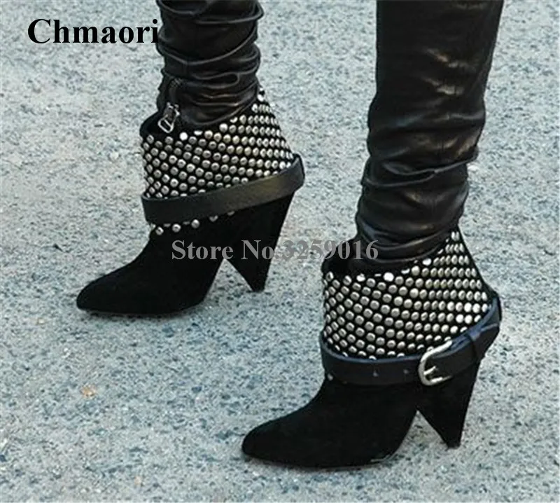 

Pointed Toe Black Suede Leather Rivet Folded Spike Short Boots Sexy Change Heel Ankle Boots Street Shoes Women New Fashion