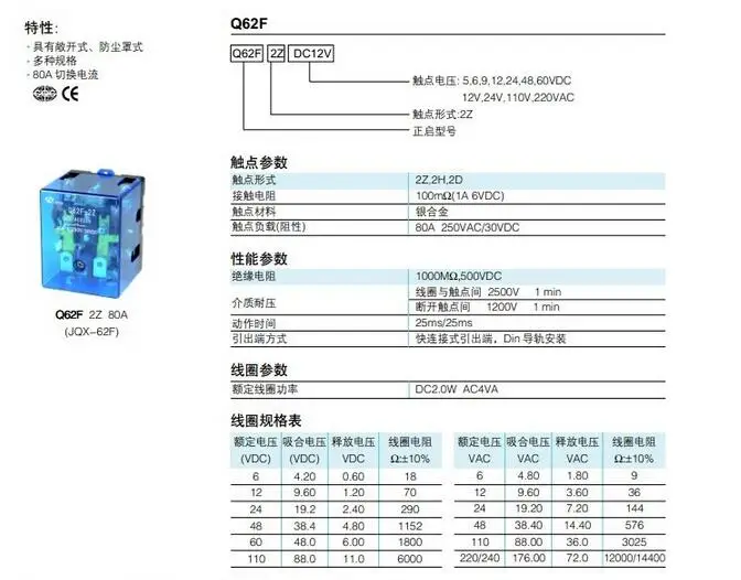 Серебряный токоподводящий JQX-62F 2Z 80A высокой мощности реле DC12V DC24V AC110V AC220V