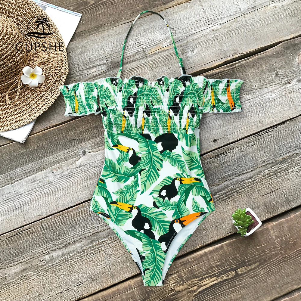 CUPSHE Green Leaves And Parrots Off Shoulder One-Piece Swimsuit 2019 Women Boho High Leg Cut Monokini Bathing Suits | Спорт и