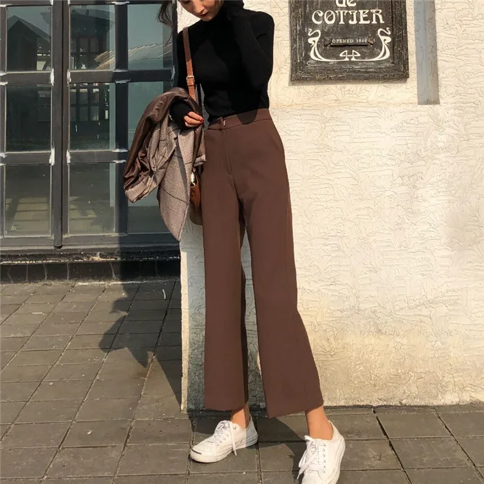 Dark brown Mazefeng, Осень-зима, Женские однотонные расклешенные брюки, женские брюки длиной до щиколотки, женские высококачественные Простые повседневные Прямые брюки - Цвет: Dark brown