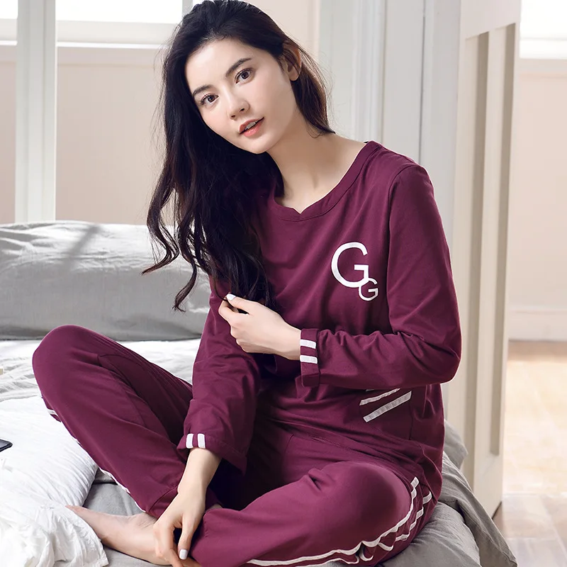 Осенне зимние женские пижамные комплекты из двух предметов чистого хлопка
