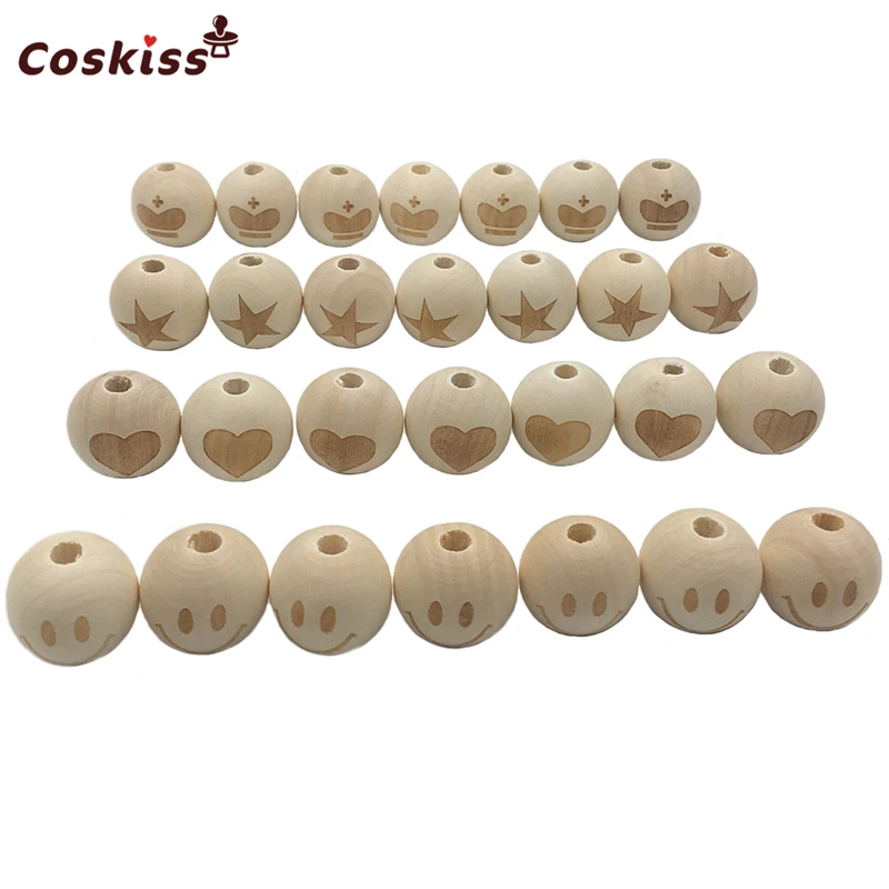 Collar redondo de cuentas de madera con cara sonriente, patr&oacute;n de corona de pentagrama de amor, mordedor de beb&eacute; sin terminar, cuentas de dentici&oacute;n de madera-0