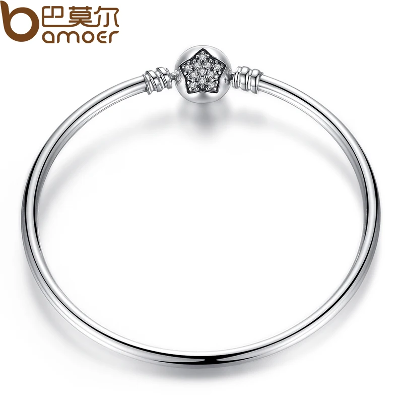 BAMOER Authentic 925 Sterling Silver Snake Chain Bangle& Bracelet Pave Star Cubic Zirconia CZ Jewelry PAB001