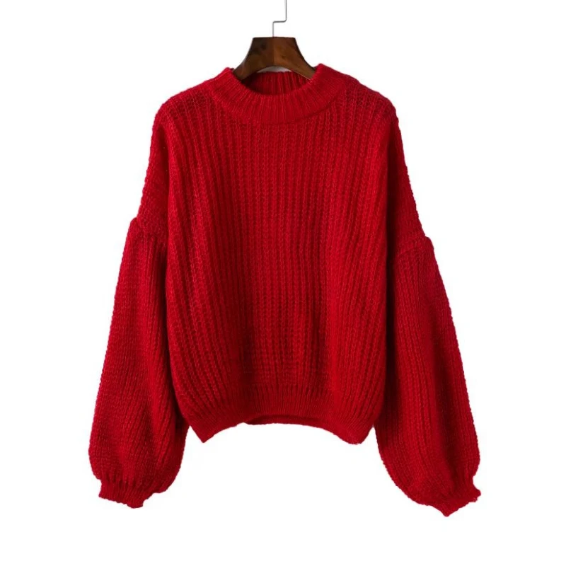 2017 autumn lantern sleeve Sweater women high neck red loose winter knitted Pullovers Casual Knitwear casual Clothing | Женская одежда