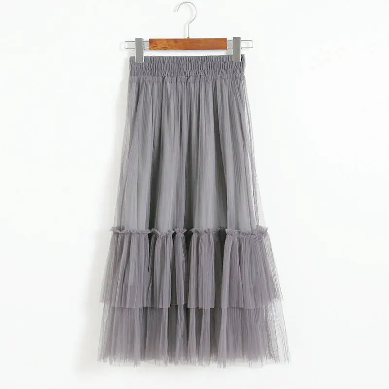 light gray SETWIGG/милые Многослойные трапециевидные длинные фатиновые юбки в стиле бохо с эластичной резинкой на талии; многослойные сетчатые Плиссированные Длинные весенние юбки принцессы до середины голени - Цвет: light gray