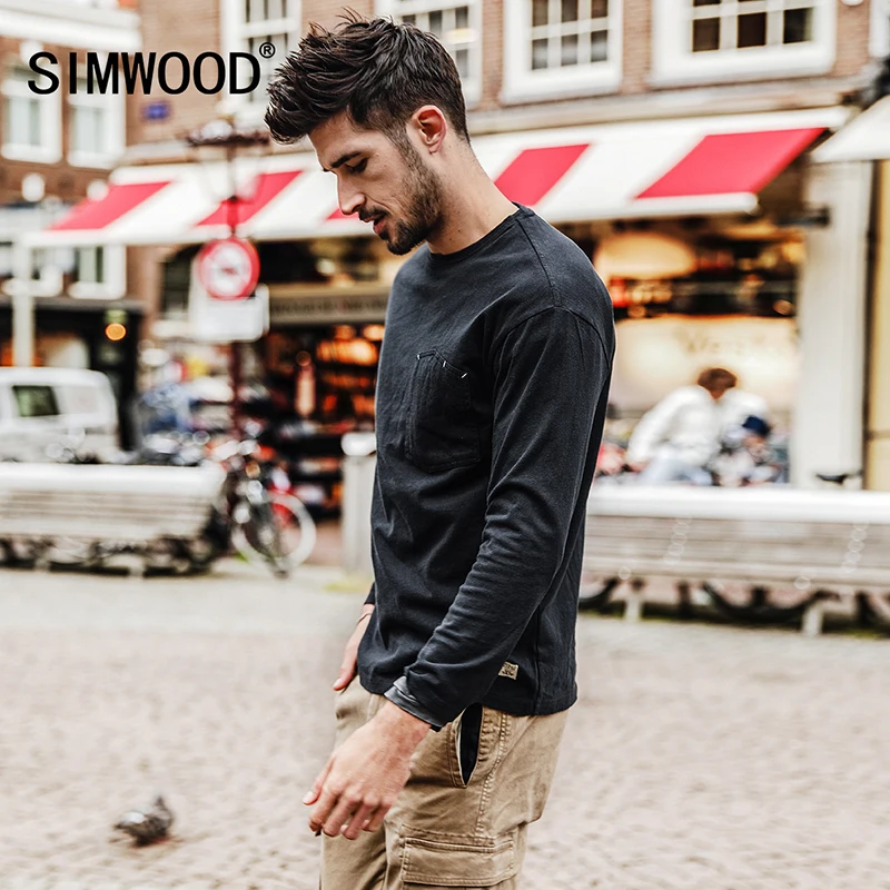 SIMWOOD 2019 весна футболка с длинными рукавами для мужчин 100% натуральный хлопок Slim Fit