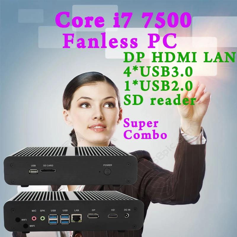 Мини ПК безвентиляторный Core i7 7500u Ordinateur де бюро Оконные рамы 10 неттоп Intel NUC Barebone