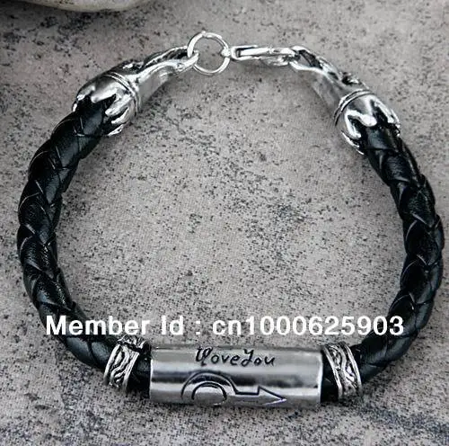 Модный мужской браслет из черной кожи с оплеткой тибетского серебра манжета на