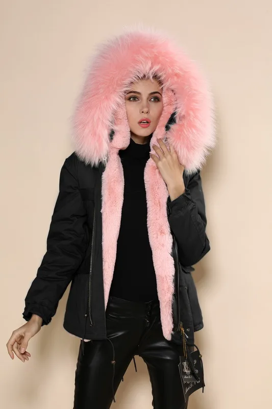 

New Fashion style black short jacket light pink fur removable hood with faux fur lining mrs furs parka coats