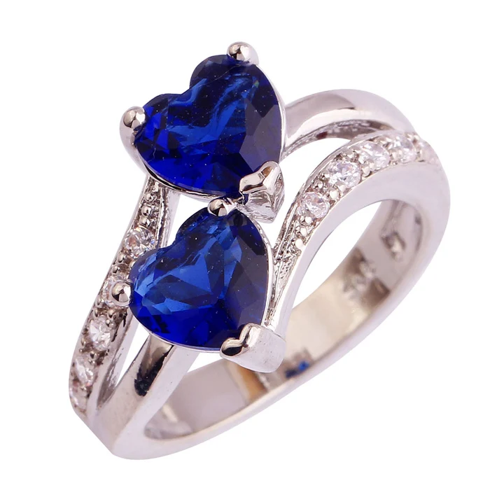Royal Blue Lingmei Weddig невесты изысканный Двойное сердце красный и белый цирконий серебристый 925 кольцо размеры 6 7 8 9 10 11 12 13 украшения для женщин Лидер продаж - Цвет основного камня: Royal Blue