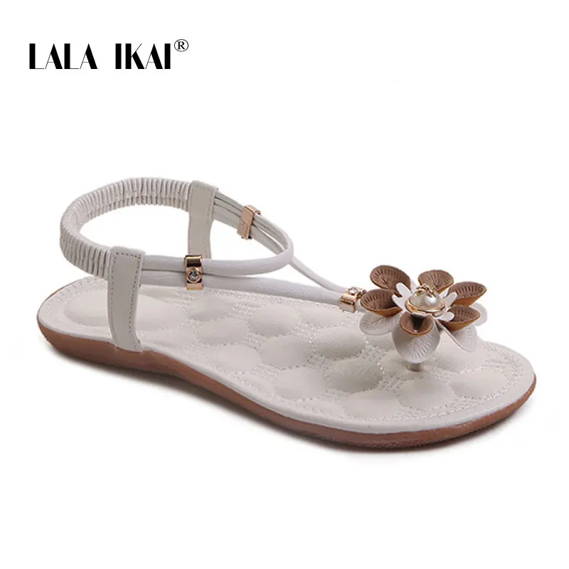White LALA IKAI/Босоножки; летние женские Вьетнамки; Повседневная пляжная обувь на плоской подошве с цветочным принтом; женские сандалии в богемном стиле; босоножки на низком каблуке; 014A3762-4 - Цвет: White