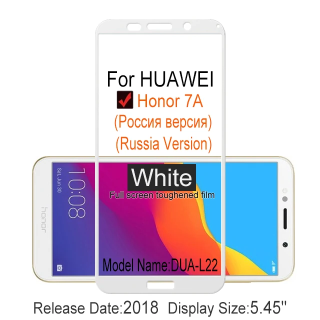 honor 7A White 2 шт полное покрытие, защита экрана, закаленное стекло для huawei honor 7A DUA L02 L22 5,4" 9 H, Защитное стекло для honor 7a, чехол - Цвет: honor 7A White